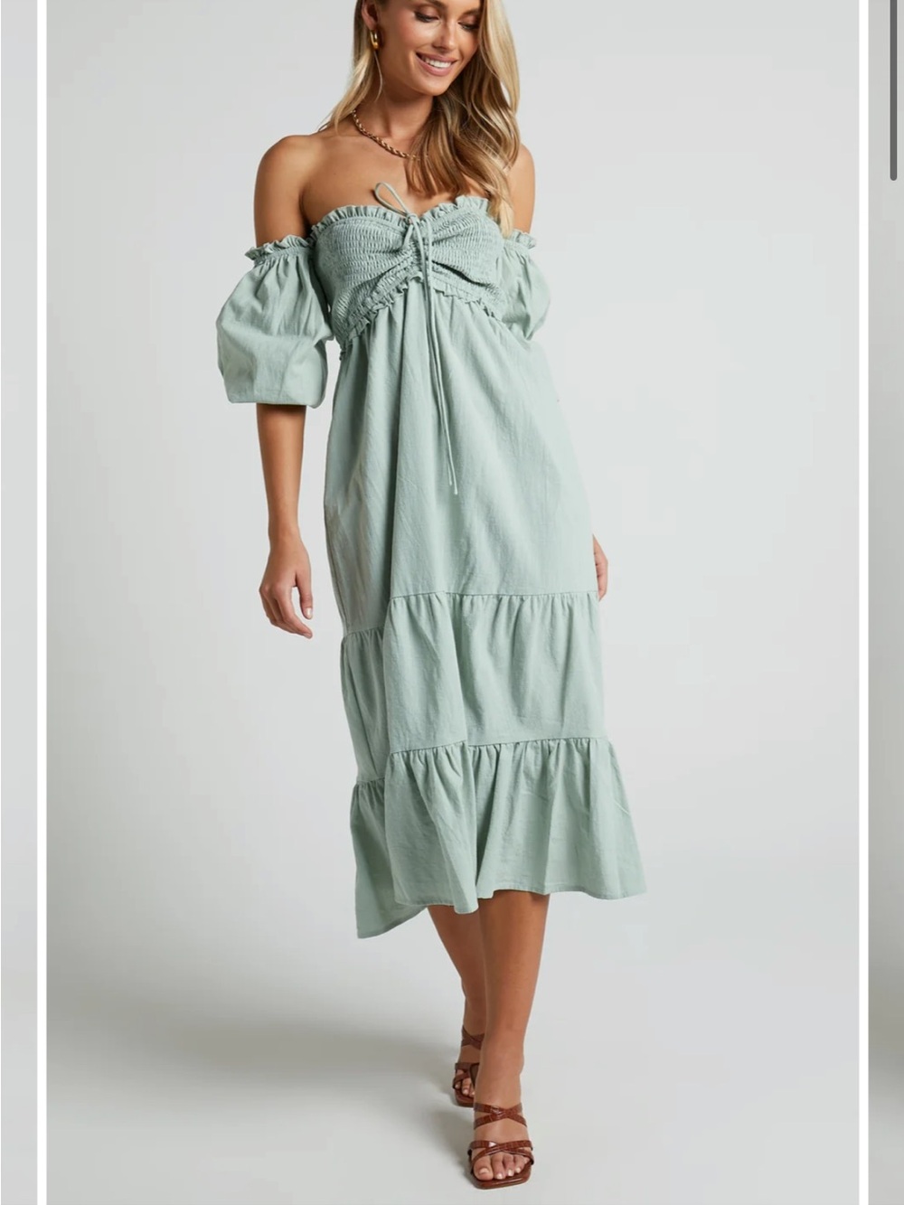 Showpo Sage Green Tiered Midi Dress-Skirt